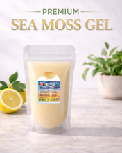 Load image into Gallery viewer, Organic Chondrus Crispus sea moss gel pouch with lemon on light background